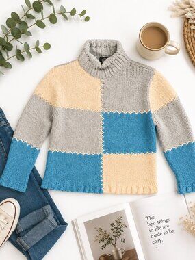 Patchwork Chenille Sweater Women’s M Blue Cream Chunky Knit Cottagecore Cozy